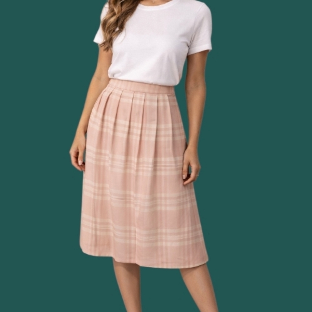 Vtg 1980s COS COB Pastel Pink Plaid Accordian Pleated Longline Skirt FLAWED